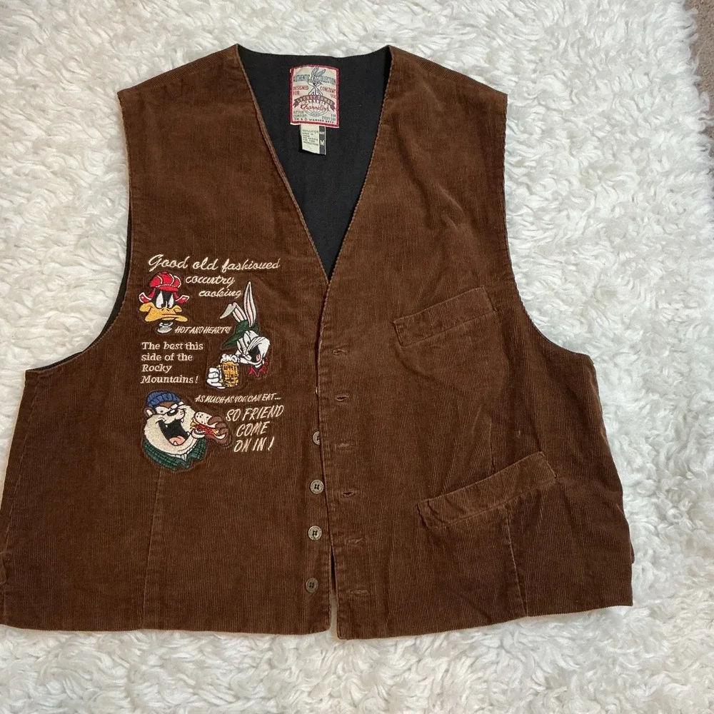 Vtg Looney‎ Tunes Corduroy Vest Sz M Bugs Bunny Daffy Duck Taz Embroidered Brown